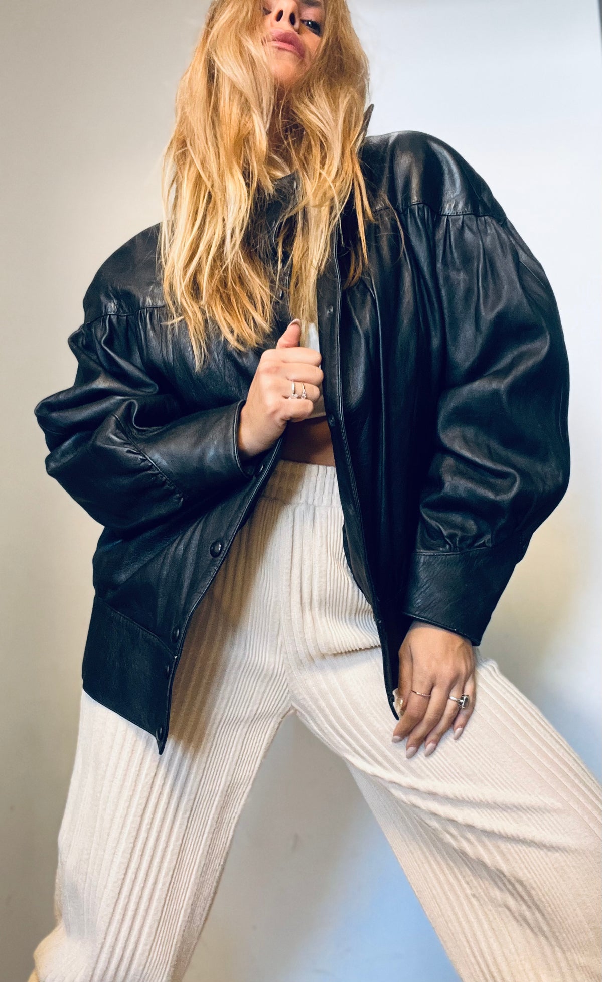 A puffy model black leather jacket