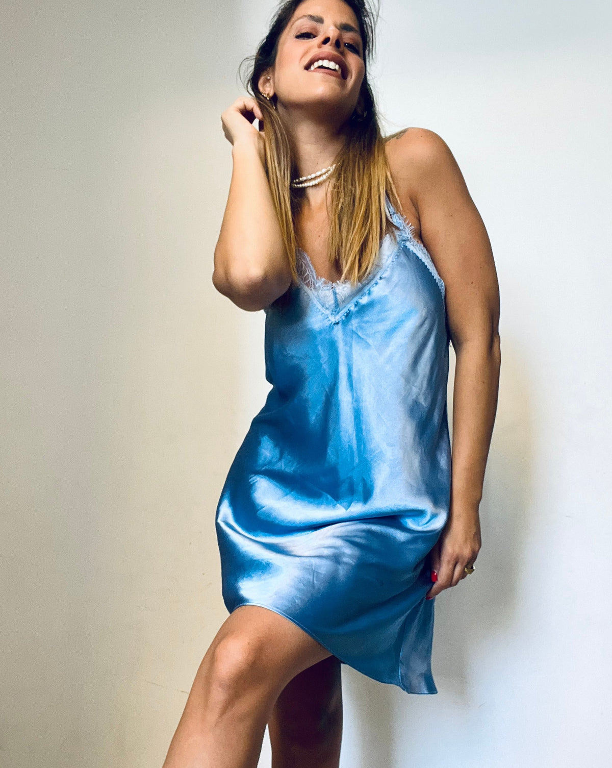 Light-Blue Satin Nightgown with Lace Neckline