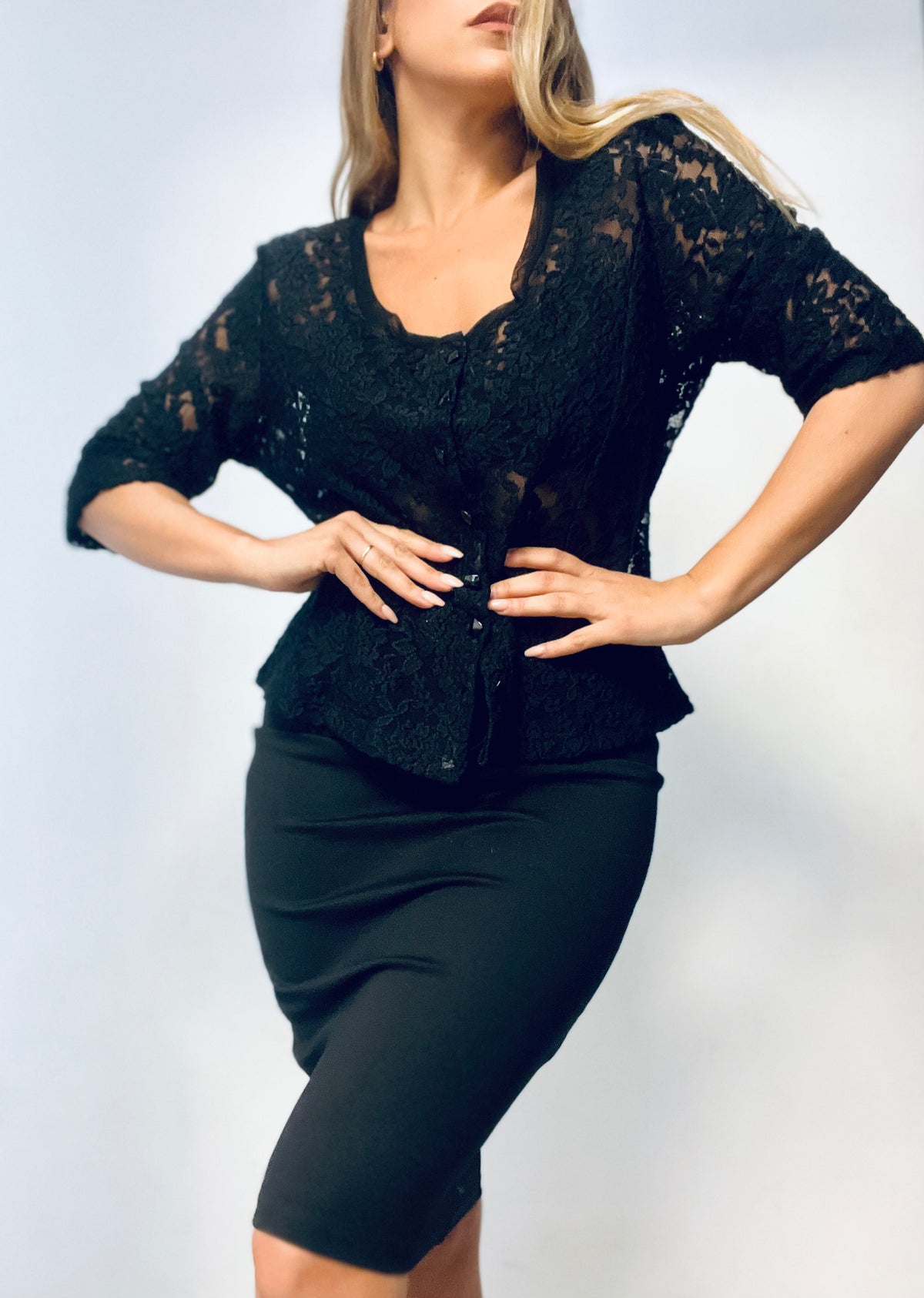 Black Lace Mid-Length Sleeve Top