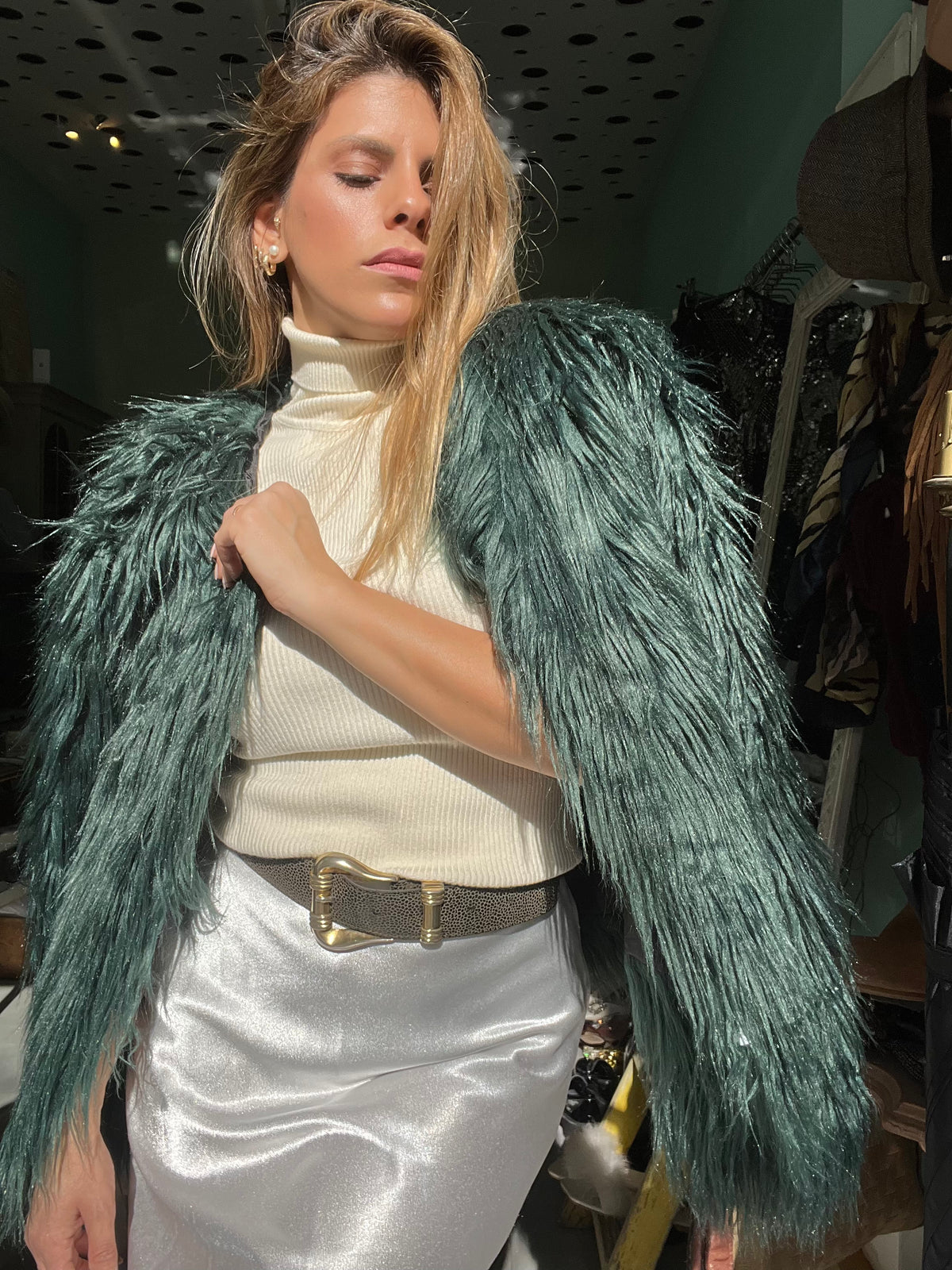 Dark green fur-like coat