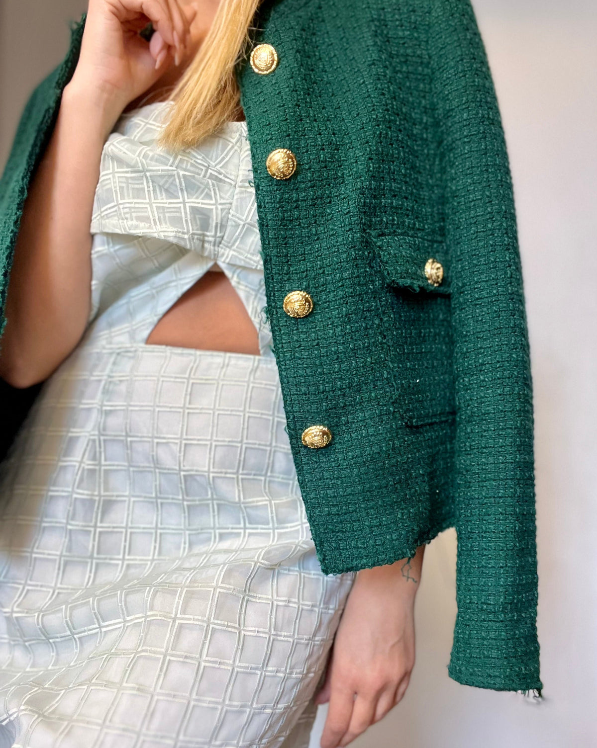 Green & Golden Buttons Long-Sleeve Blazer