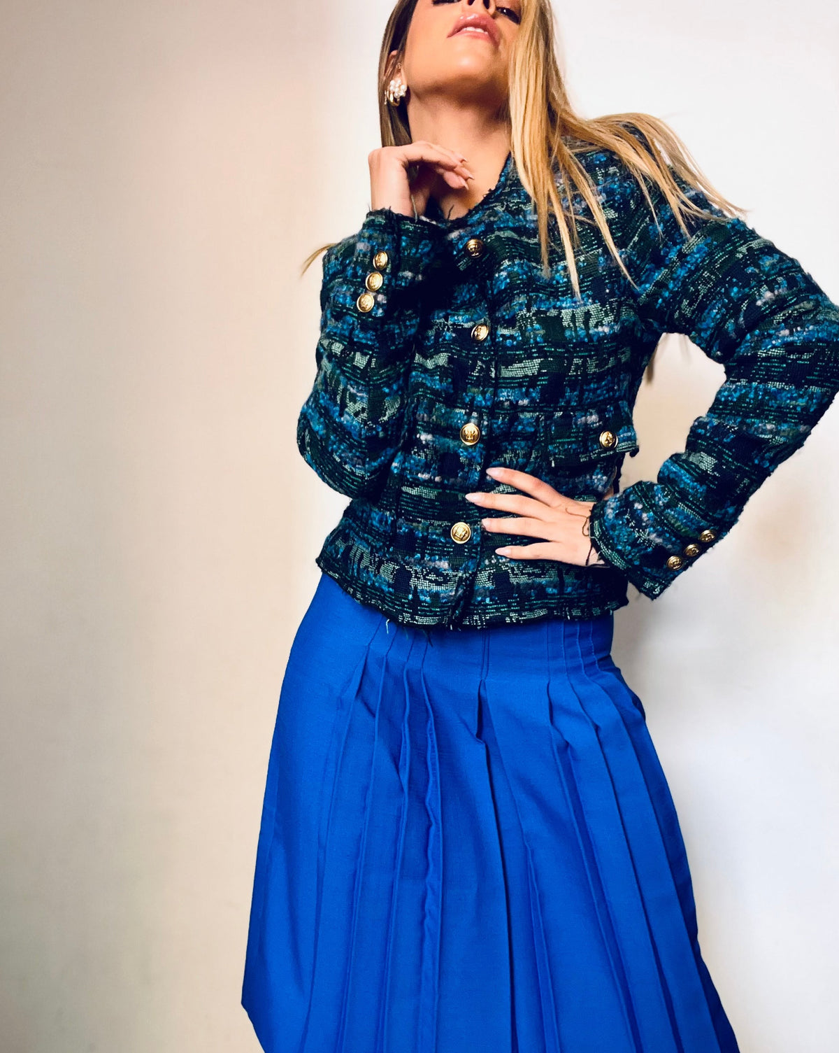 Blue & Green Tweed with Gold Buttons Top