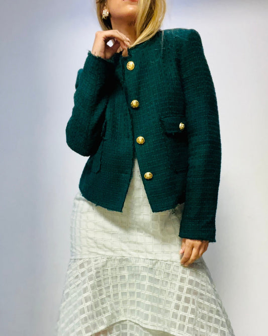 Green & Golden Buttons Long-Sleeve Blazer