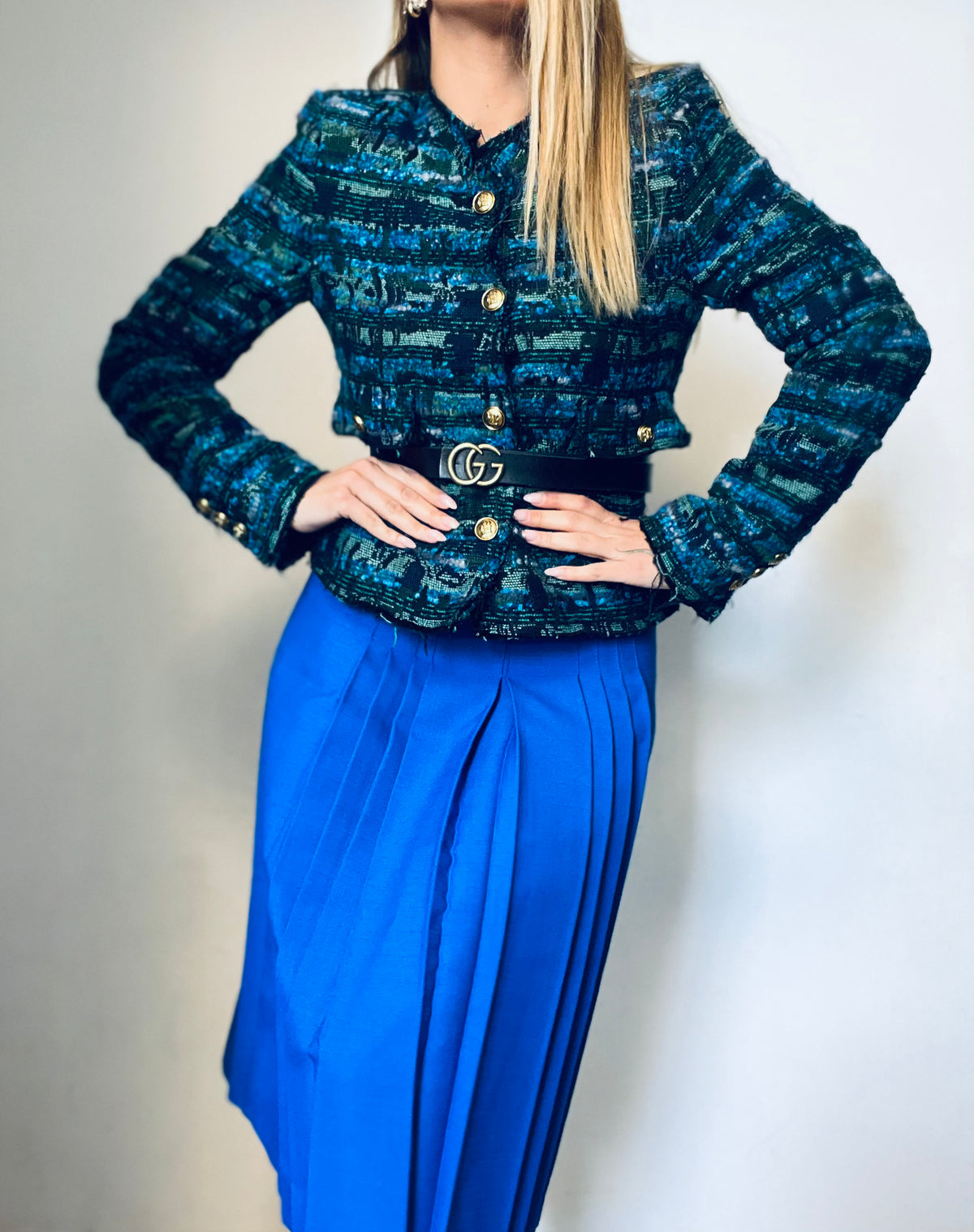 Blue & Green Tweed with Gold Buttons Top