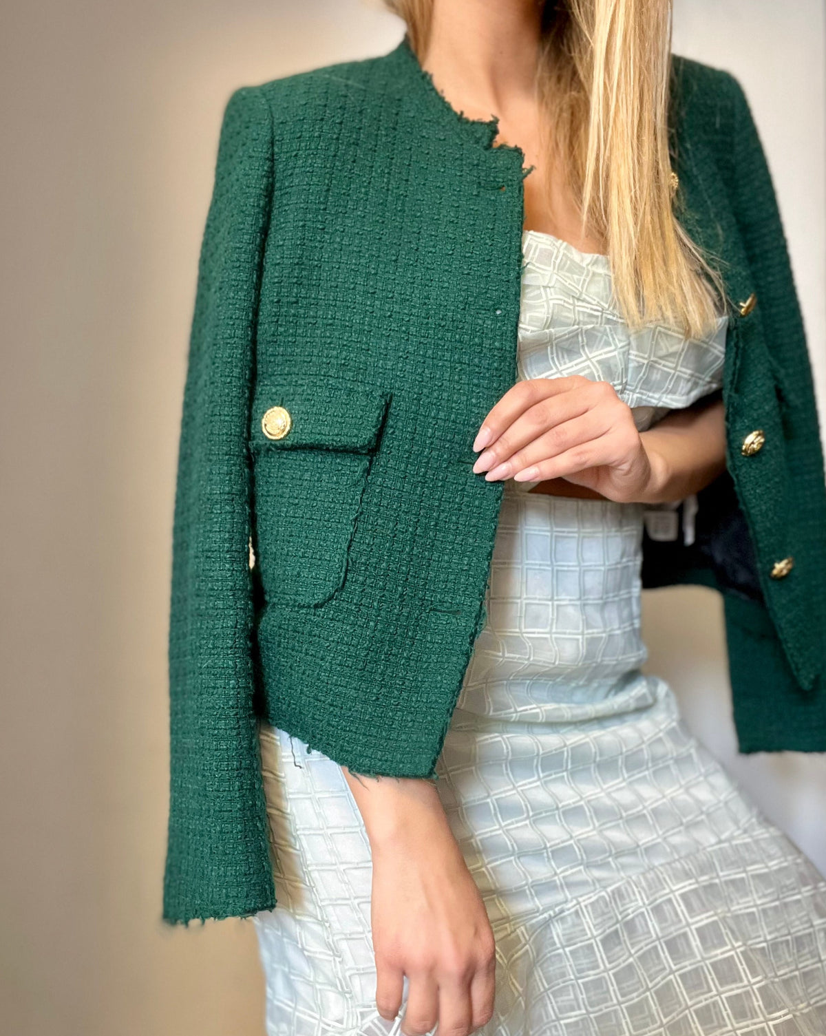Green & Golden Buttons Long-Sleeve Blazer