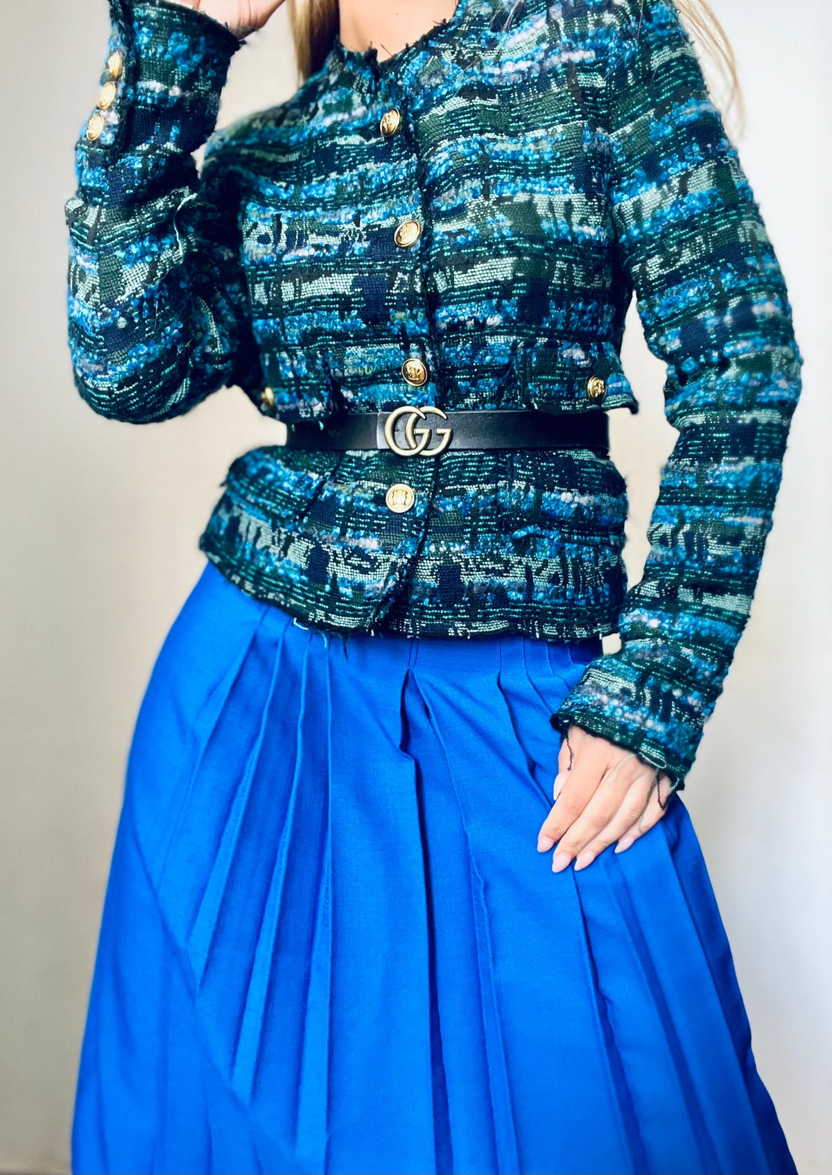 Blue & Green Tweed with Gold Buttons Top
