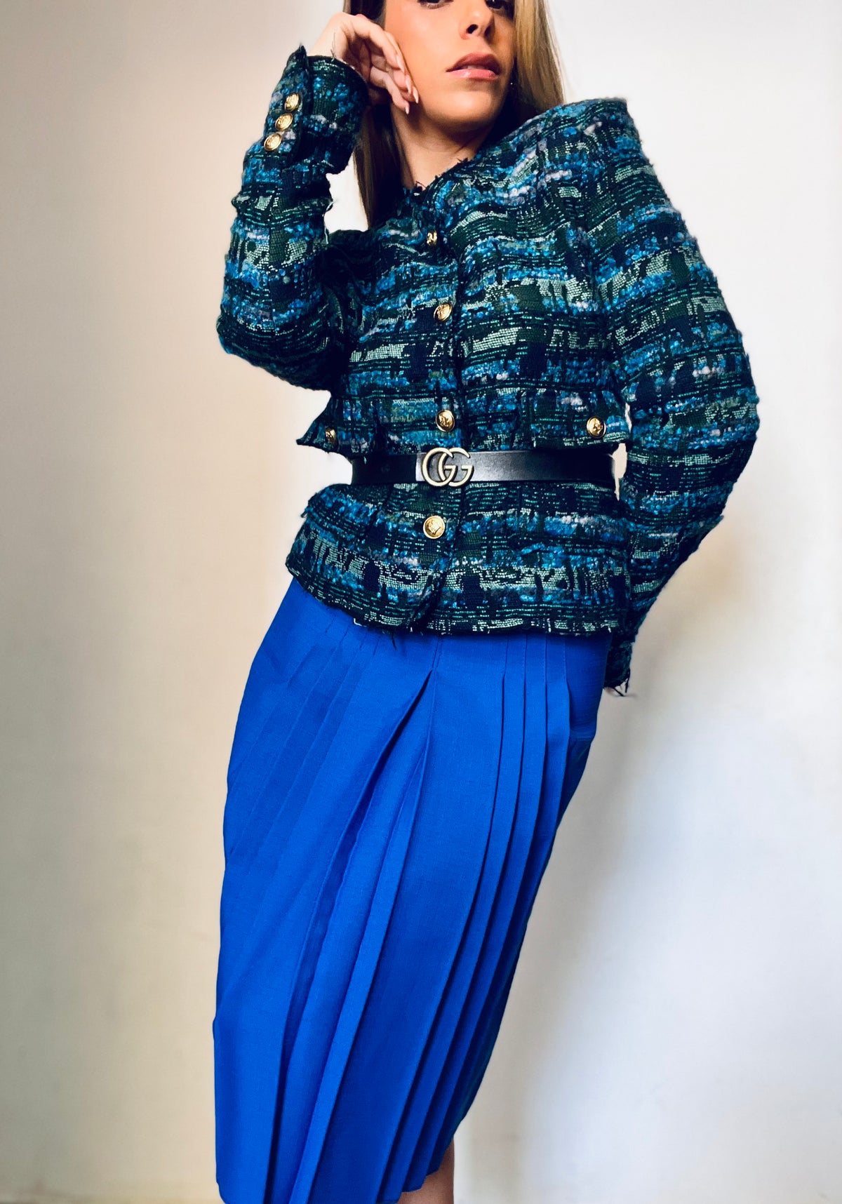 Blue & Green Tweed with Gold Buttons Top