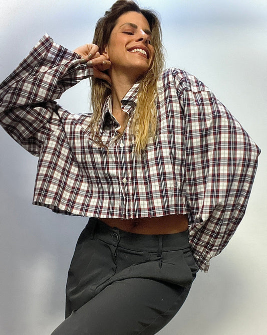 Button-Up Crop Top Plaid Long-Sleeve Top