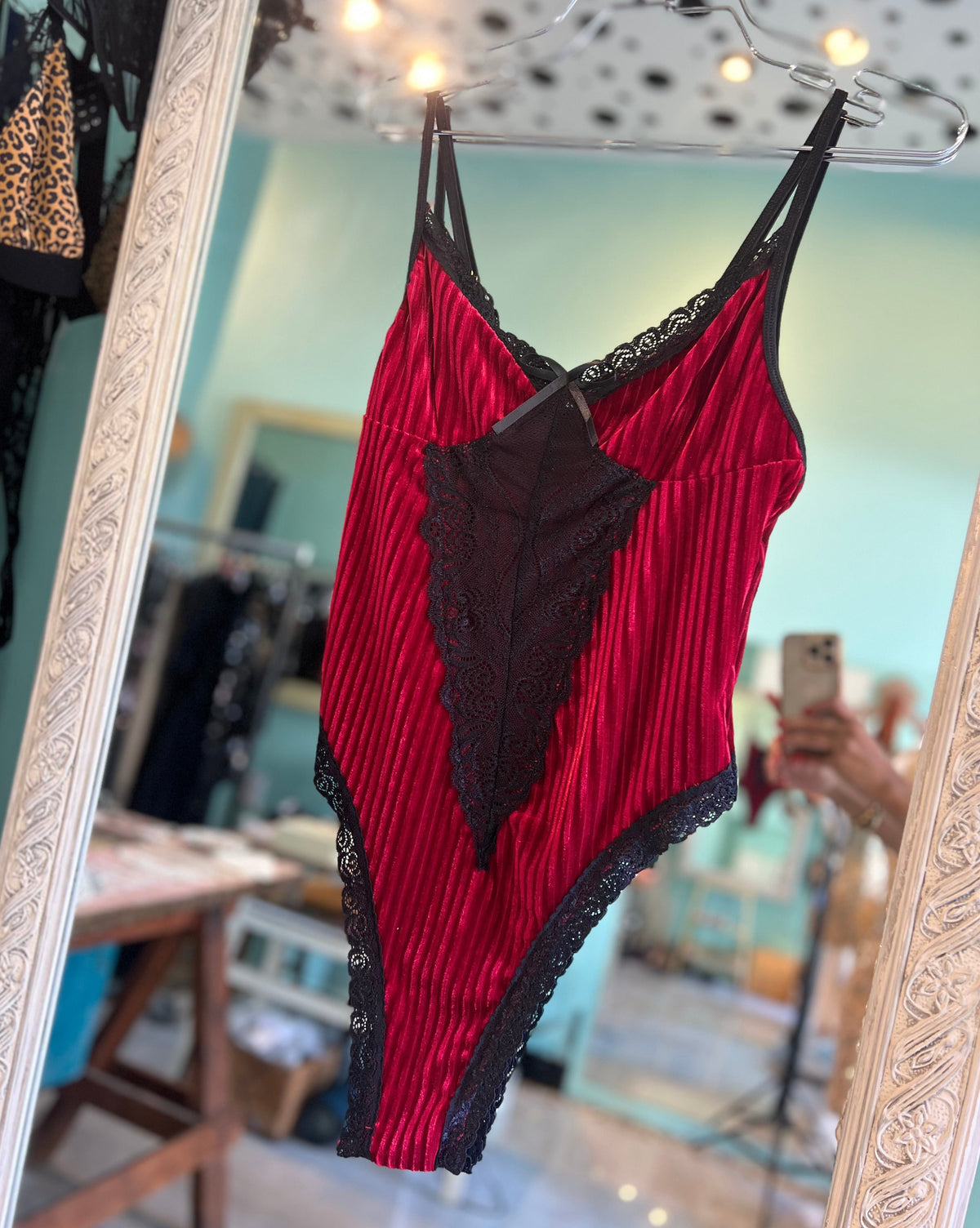 Black & Burgundy Vintage Velvet Bodysuit