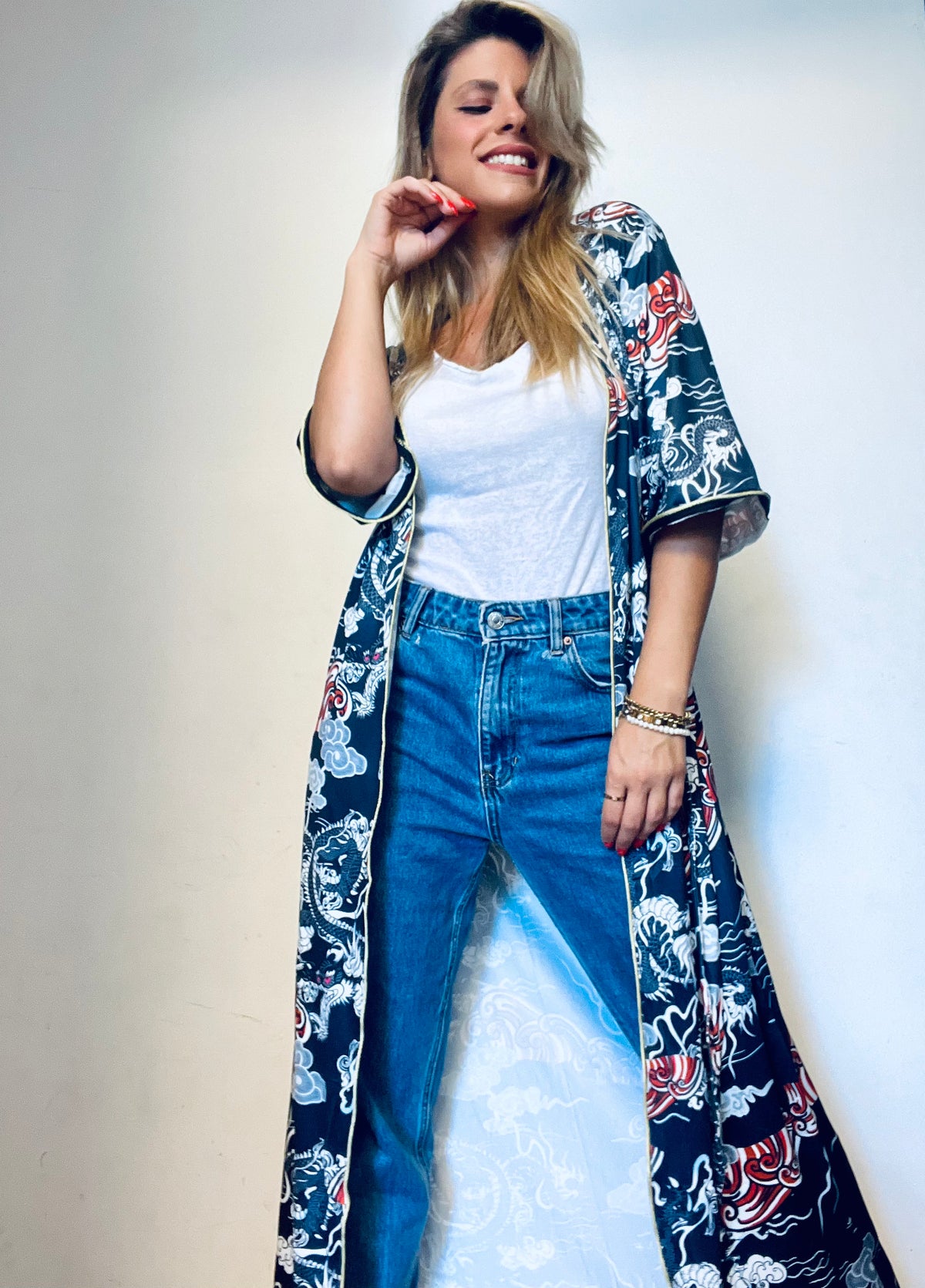 Dark-Blue Floral Chinese Kimono