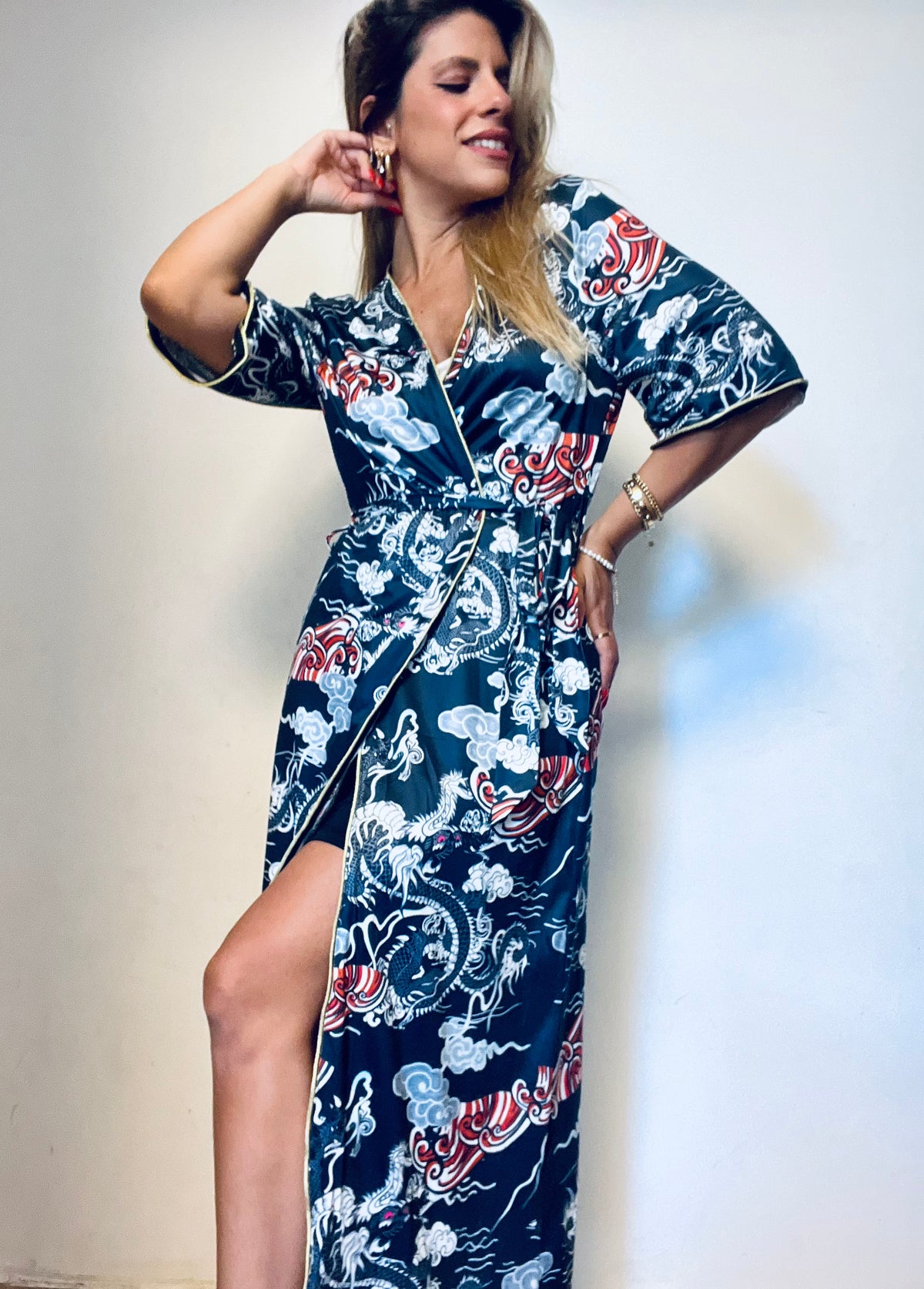 Dark-Blue Floral Chinese Kimono