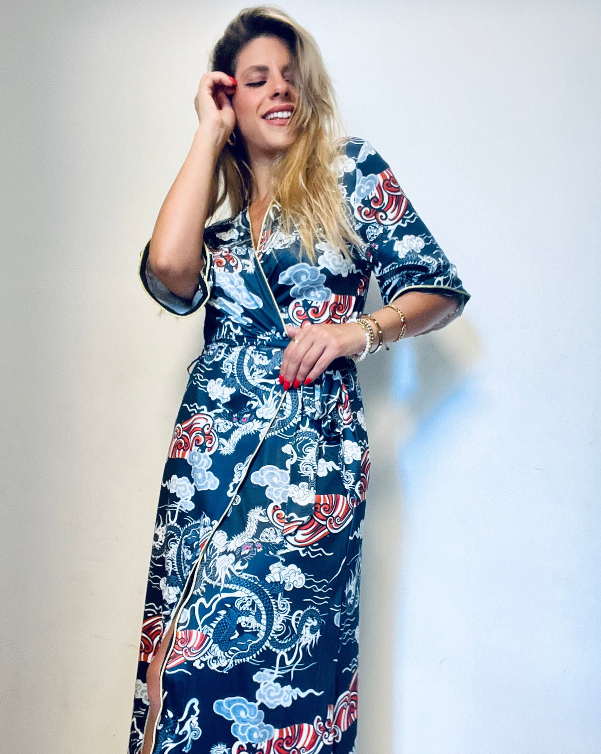 Dark-Blue Floral Chinese Kimono