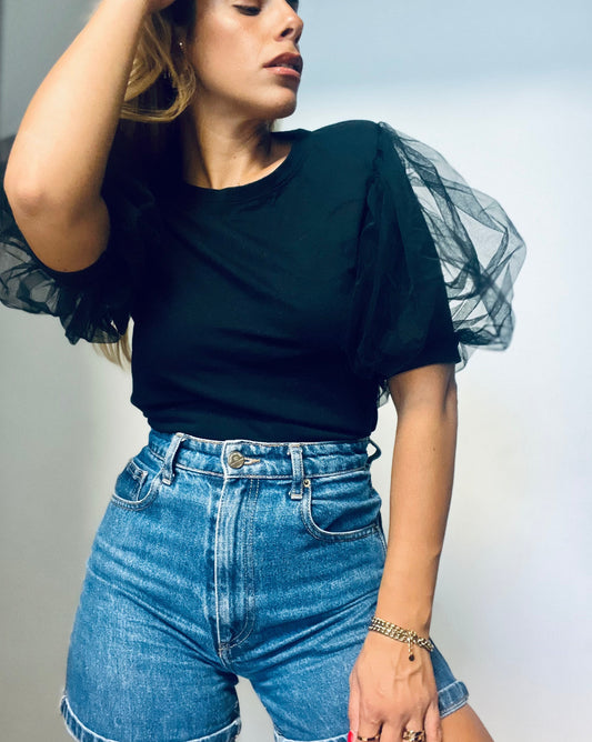 Black T-Shirt with Fluffy Short-Sleeves