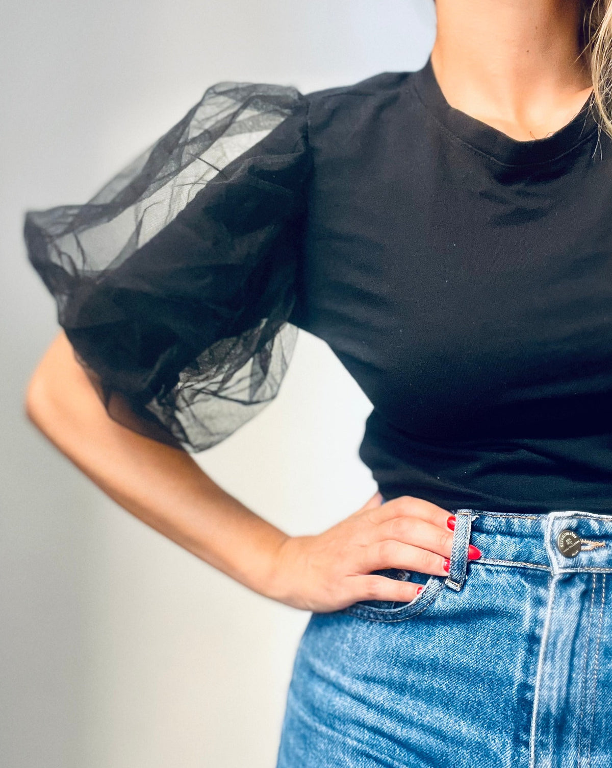 Black T-Shirt with Fluffy Short-Sleeves