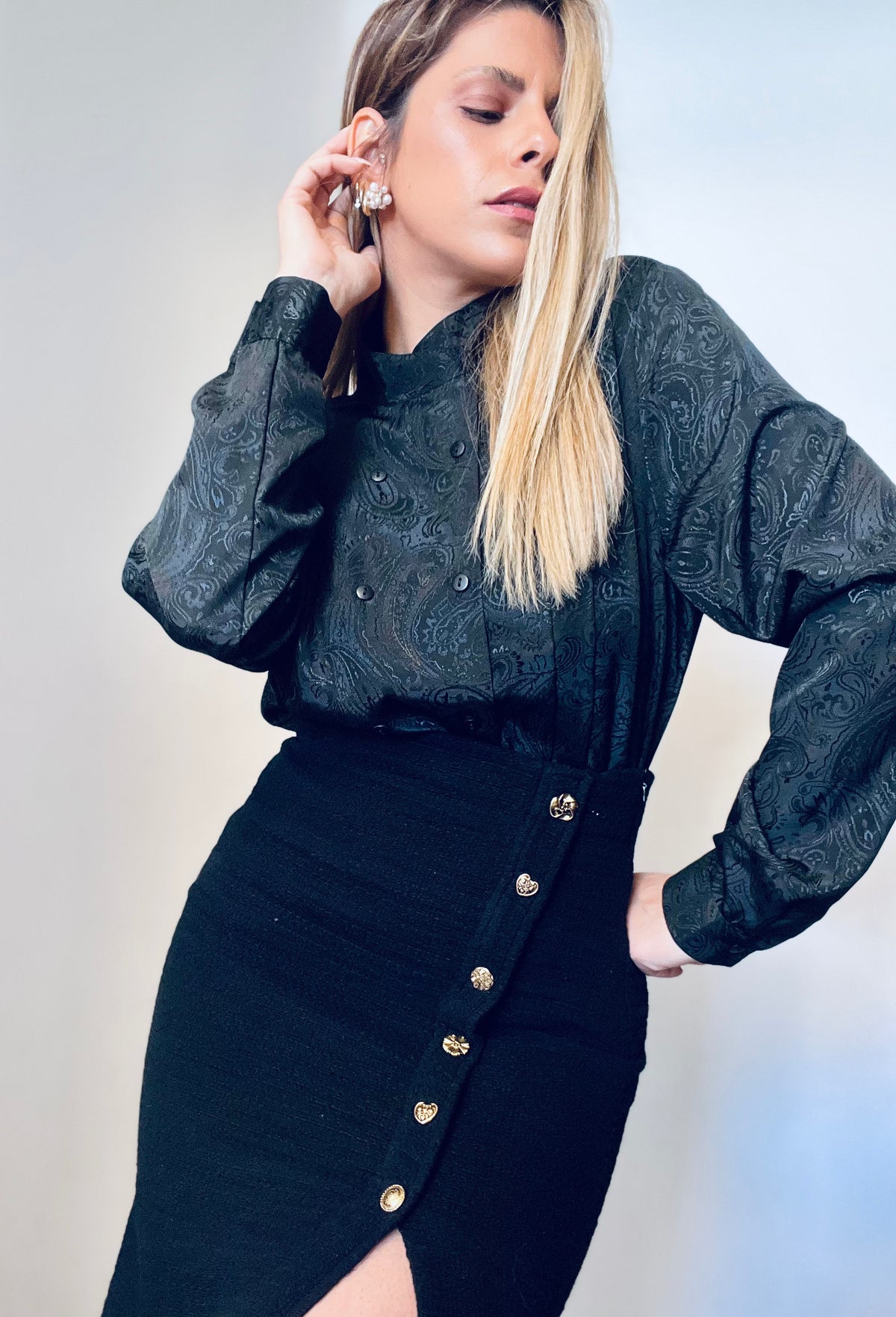 Pencil Skirt with Gold buttons & High Slit