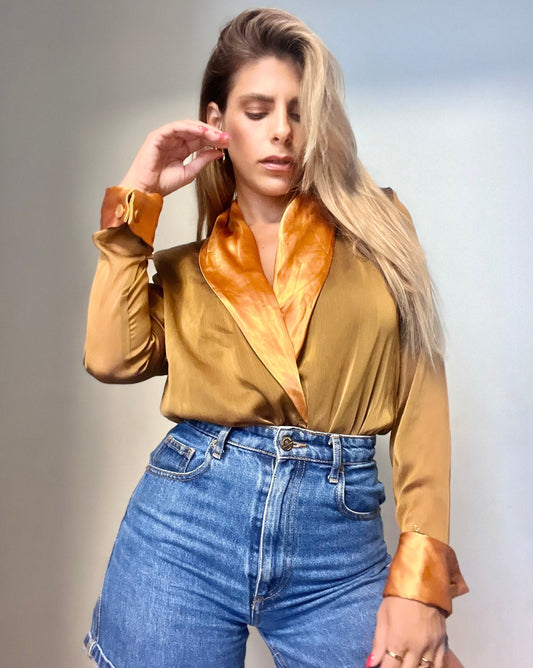 Gold Satin Shirt-Like Bodysuit