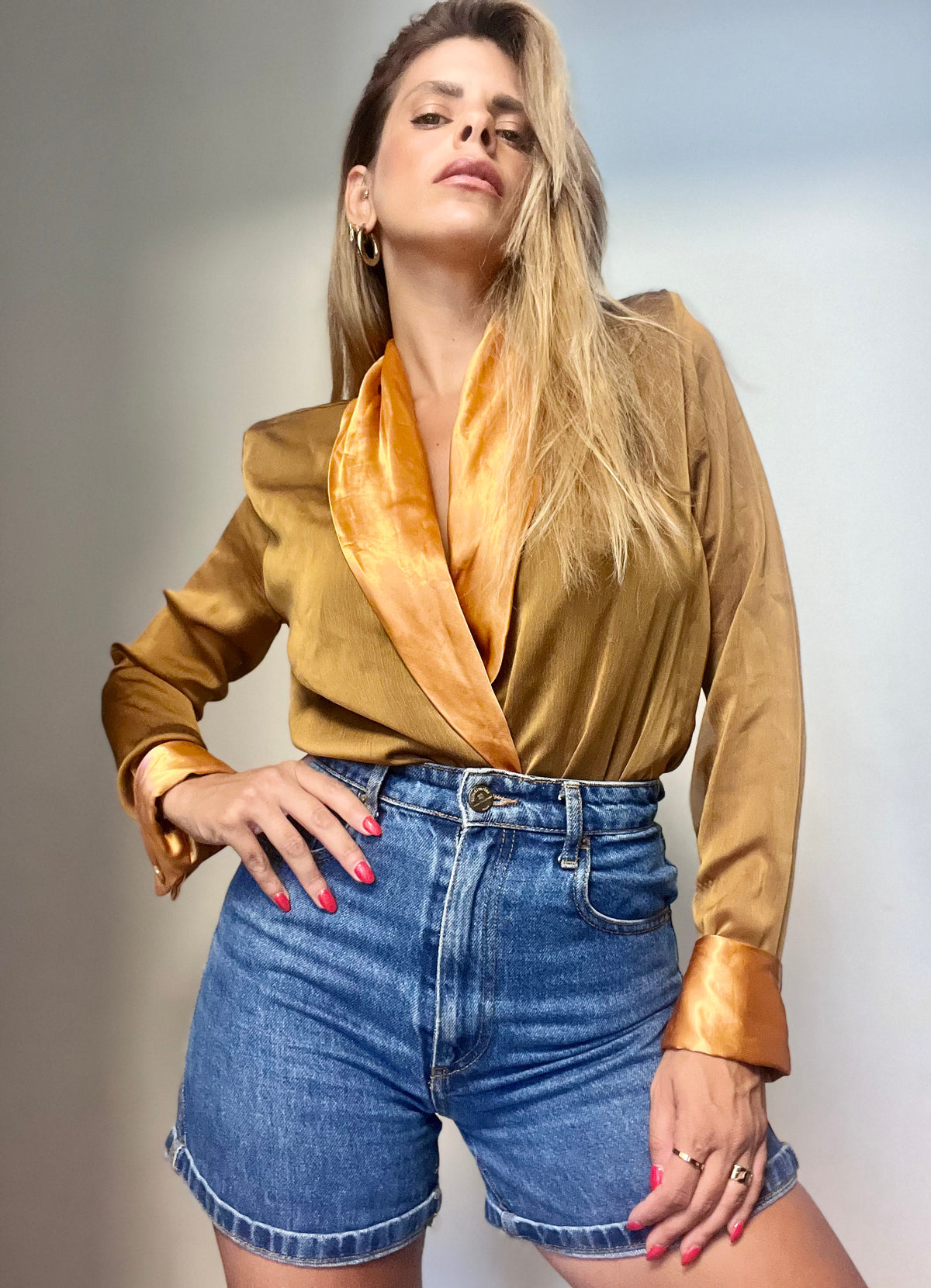 Gold Satin Shirt-Like Bodysuit