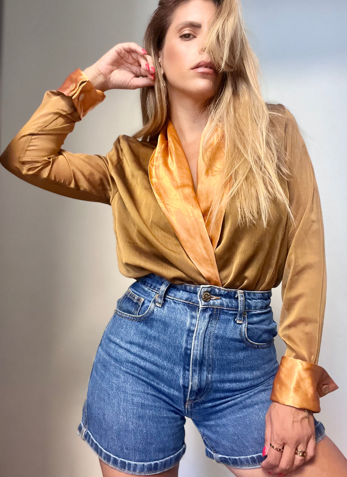 Gold Satin Shirt-Like Bodysuit