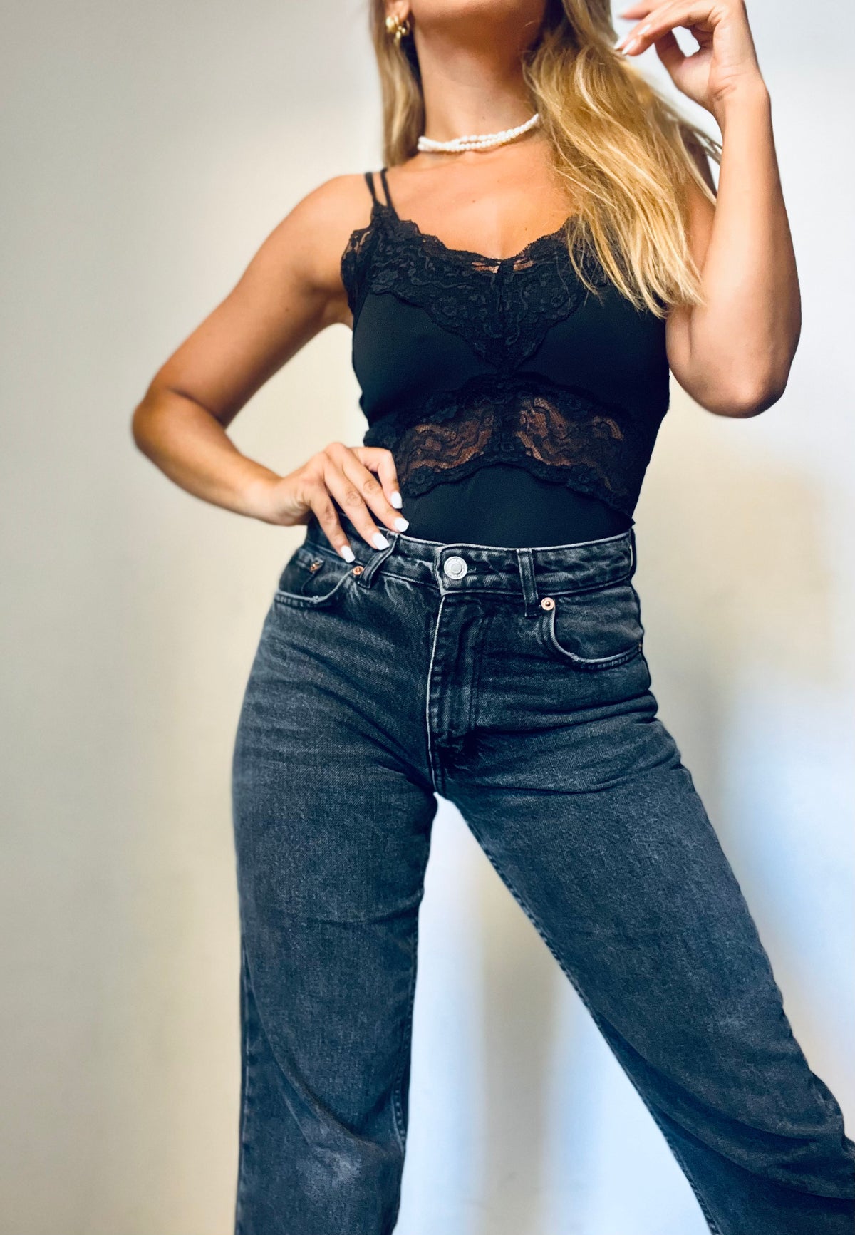 Black Lace Thin-Straps Bodysuit