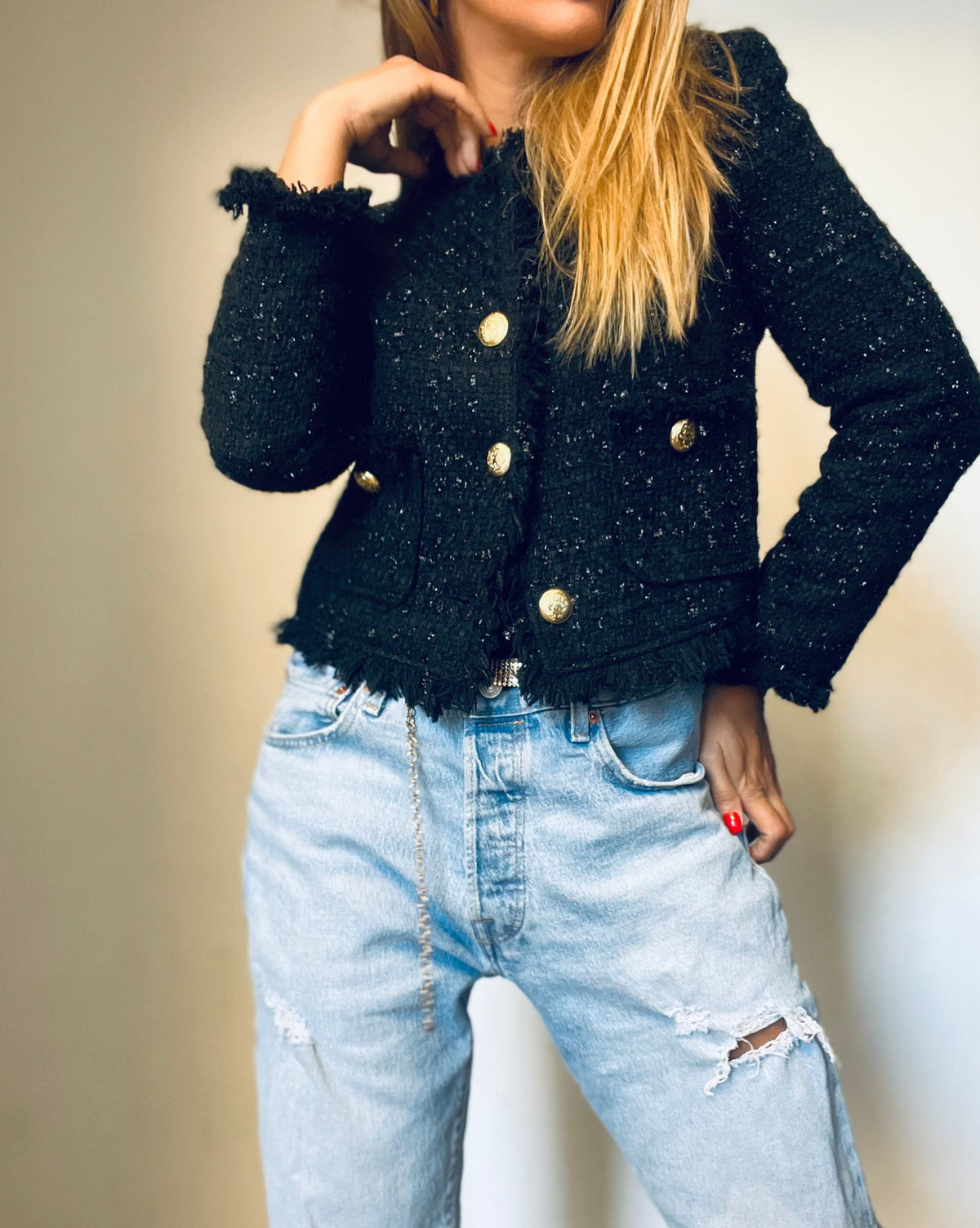 Black Tweed with Gold Buttons Top
