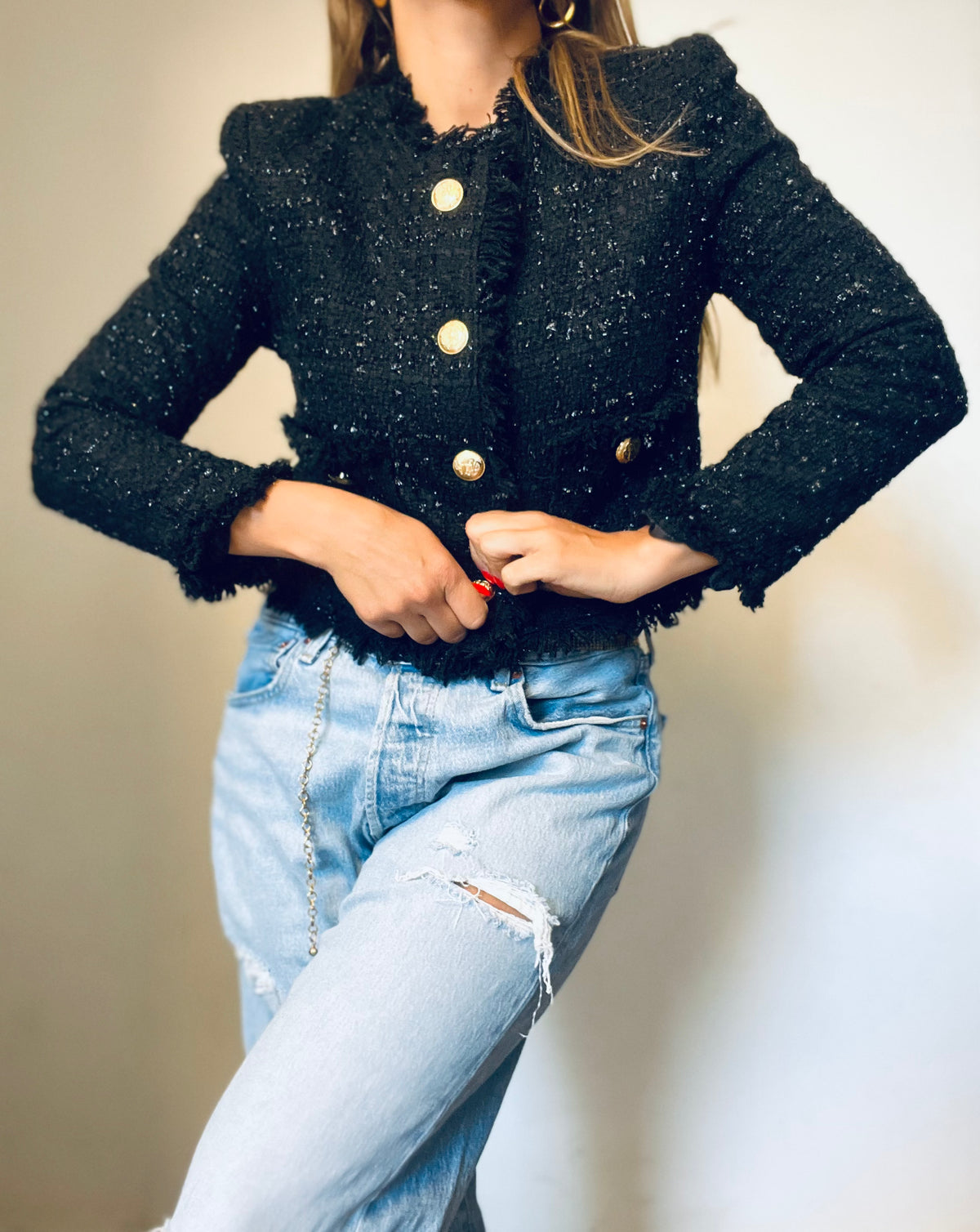 Black Tweed with Gold Buttons Top