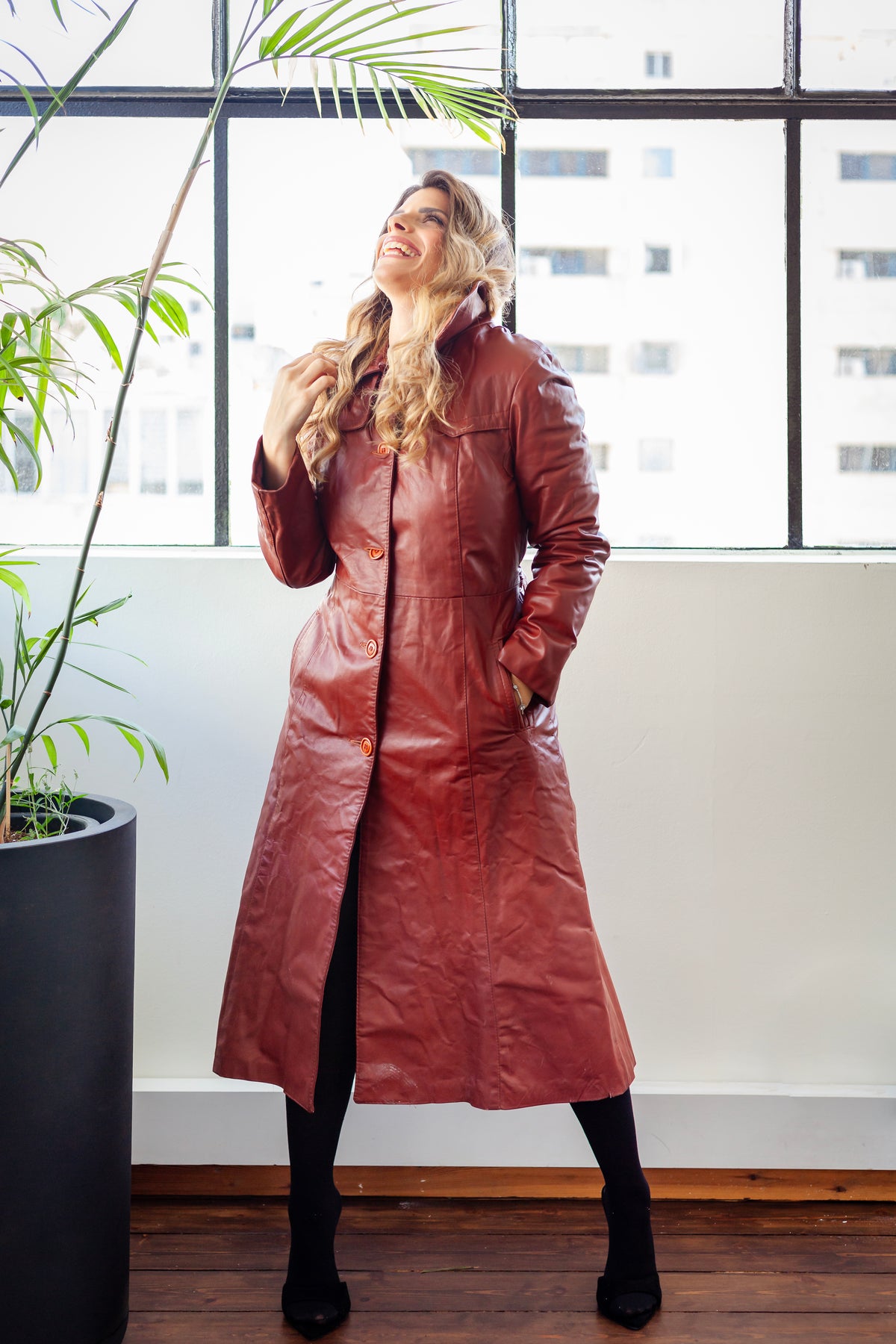 Wine colored leather trench coat