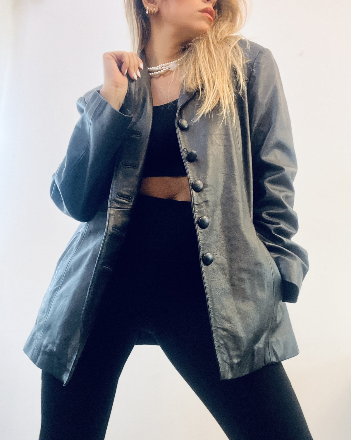 Mid-Length Black Leather Coat