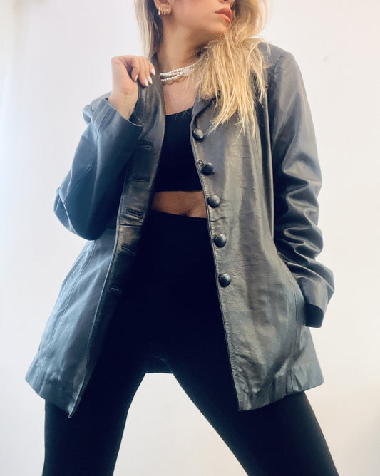Mid-Length Black Leather Coat